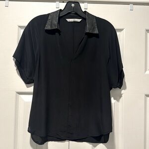V neck blouse with leather collar